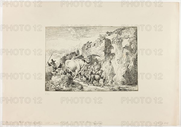 Herd Coming through an Arch of Rock, 1740, Christian Wilhelm Ernst Dietrich, German, 1712-1774, Germany, Etching in black on paper, 91 x 148 mm (plate), 142 x 197 mm (sheet)