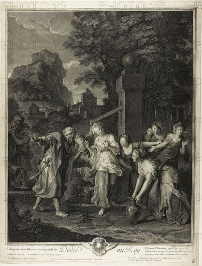 Rebecca Receiving Gifts from Eliezar, n.d., Pierre-Imbert Drevet (French, 1697-1739), after Antoine Coypel (French, 1661-1722), France, Engraving on ivory laid paper, 573 × 435 mm (plate), 590 × 448 mm (sheet)