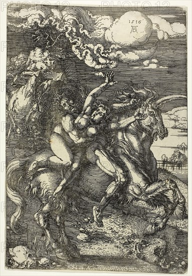 The Abduction of Proserpine on a Unicorn, 1516, printed 1540/50, Albrecht Dürer, German, 1471-1528, Germany, Etching in black on ivory laid paper, 311 x 212 mm (image), 311 x 213 mm (sheet)