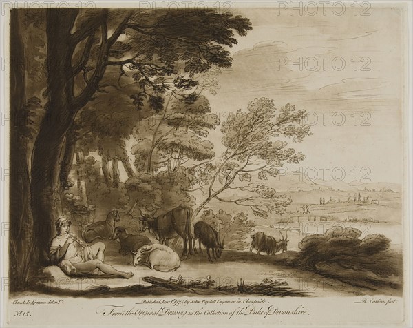 Shepherd Playing the Flute, 1774, Richard Earlom (British, 1743-1822), after Claude Lorrain (French, 1600-1682), England, Mezzotint in brown on cream laid paper, 191 × 258 mm (image), 207 × 259 mm (plate), 213 × 265 mm (sheet)