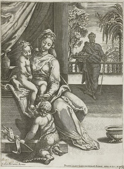 Virgin and Child with Saint John, 1575, Diana Scultori (Italian, c. 1536-c. 1590), after Raffaellino da Reggio (Italian, 1550-1578), Italy, Engraving in black on ivory laid paper, 275 x 204 mm (plate/sheet)