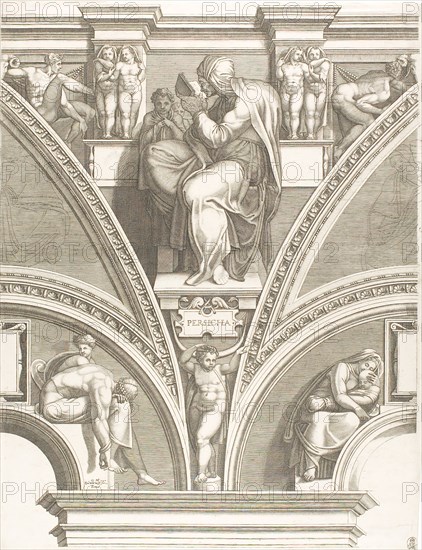 The Persian Sibyl, 1570/75, Giorgio Ghisi (Italian, 1520-1582), after Michelangelo Buonarroti (Italian, 1475-1564), Italy, Engraving on ivory laid paper, 569 x 437 mm