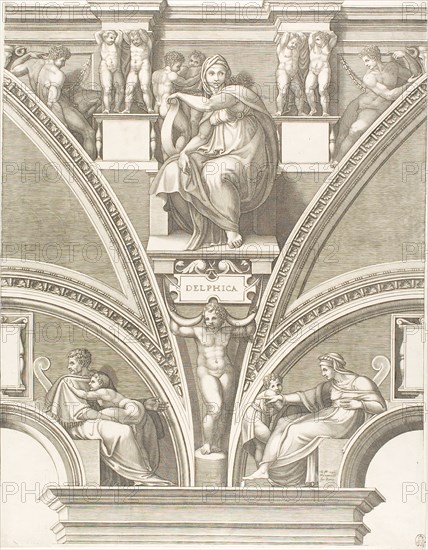 The Delphic Sibyl, early 1570s, Giorgio Ghisi (Italian, 1520-1582), after Michelangelo (Italian, 1475-1564), Italy, Engraving in black on ivory laid paper, 565.5 x 432 mm (plate), 570 x 439 mm (sheet)