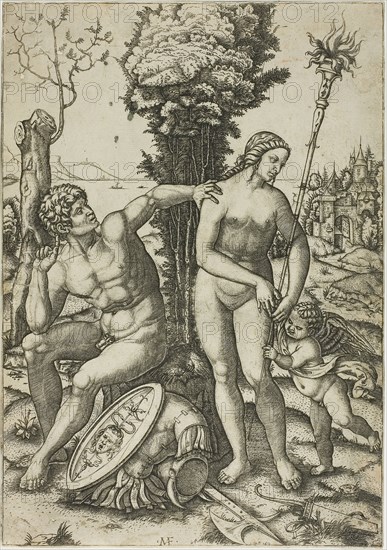 Mars, Venus, and Cupid, 1508, Marcantonio Raimondi, Italian, c. 1480-1534, Italy, Engraving printed in black on paper, 299 × 210 mm