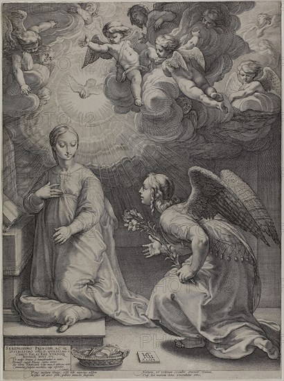 The Annunciation, plate one from The Birth and Early Life of Christ, 1594, Hendrick Goltzius (Dutch, 1558-1617), text written by Cornelius Schonaeus, Netherlands, Engraving on paper, 462 x 352 mm (Image) 477 x 353 mm (plate/sheet)