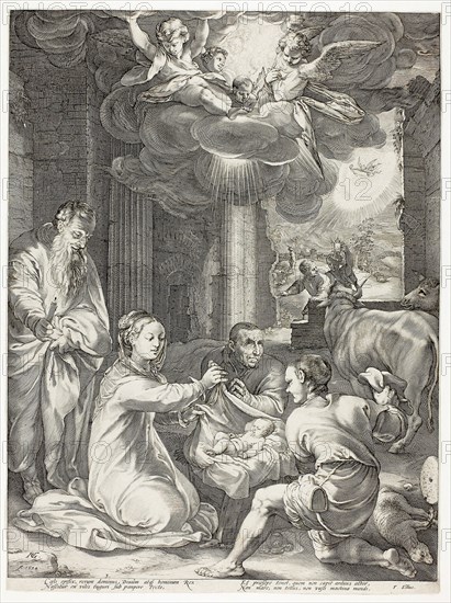 The Adoration of the Shepherds, plate three from The Birth and Early Life of Christ, 1594, Hendrick Goltzius (Dutch, 1558-1617), text written by Franco Estius, Netherlands, Engraving on paper, 464 x 350 mm (image), 476 x 352 mm (plate/sheet)