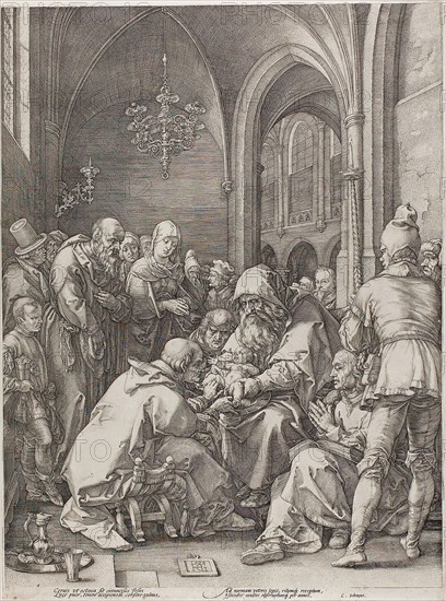The Circumcision, plate four from The Birth and Early Life of Christ, 1594, Hendrick Goltzius (Dutch, 1558-1617), text written by Cornelius Schonaeus, Netherlands, Engraving on off-white laid paper, 464 x mm 353 mm (image), 480 x 354 mm (plate/sheet)
