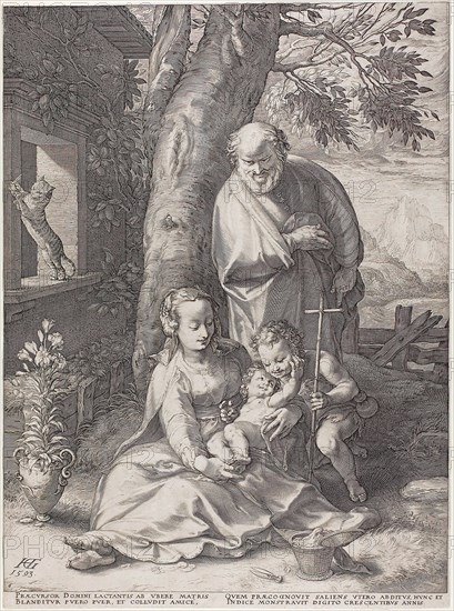 The Holy Family with the Infant John the Baptist, plate six from The Birth and Early Life of Christ, 1593, Hendrick Goltzius (Dutch, 1558-1617), text written by Cornelius Schonaeus, Netherlands, Engraving on paper, 461 x351 mm (image), 478 x 354 mm (plate/sheet)