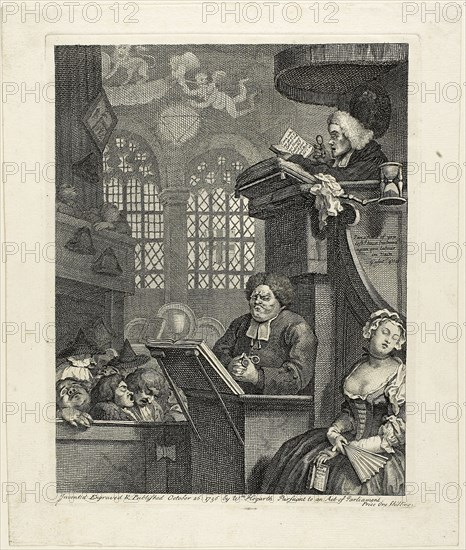 The Sleeping Congregation, October 1736, William Hogarth, English, 1697-1764, England, Etching and engraving in black on ivory wove paper, 250 × 195 mm (image), 264 × 204 mm (plate), 300 × 250 mm (sheet)