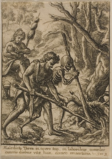 Adam Ploughing, 1651, Wenceslaus Hollar (Czech, 1607-1677), after Hans Holbein the younger (German, c.1497-1543), Bohemia, Etching on ivory wove paper, 71 × 51 mm (sheet, trimmed within plate mark)