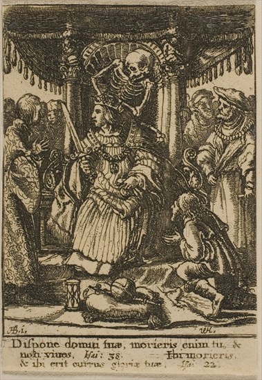 The Emperor and Death, 1651, Wenceslaus Hollar (Czech, 1607-1677), after Hans Holbein the younger (German, c.1497-1543), Bohemia, Etching on ivory wove paper, 73 × 50 mm (sheet, trimmed within plate mark)