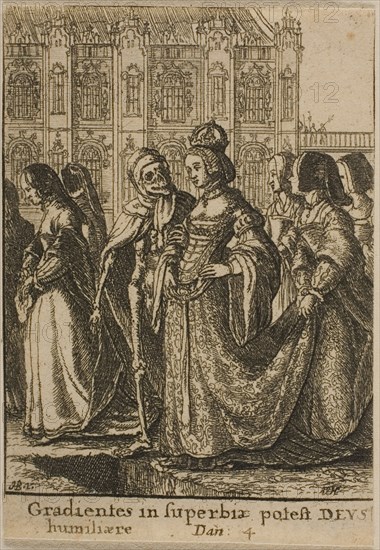 The Empress and Death, 1651, Wenceslaus Hollar (Czech, 1607-1677), after Hans Holbein the younger (German, c.1497-1543), Bohemia, Etching on ivory wove paper, 70 × 50 mm (sheet, trimmed within plate mark)
