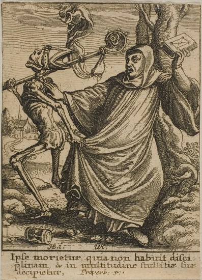 The Abbott and Death, 1651, Wenceslaus Hollar (Czech, 1607-1677), after Hans Holbein the younger (German, c.1497-1543), Bohemia, Etching on ivory wove paper, 73 × 53 mm (sheet, trimmed within plate mark)