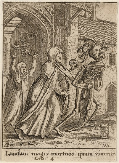 The Abbess and Death, 1651, Wenceslaus Hollar (Czech, 1607-1677), after Hans Holbein the younger (German, c.1497-1543), Bohemia, Etching on ivory wove paper, 72 × 52 mm (sheet, trimmed within plate mark)
