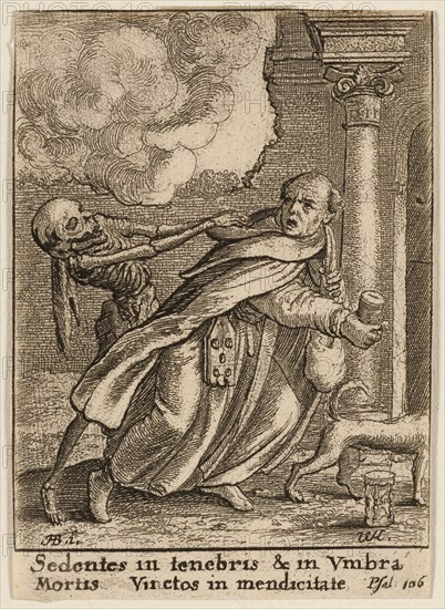 The Monk and Death, 1651, Wenceslaus Hollar (Czech, 1607-1677), after Hans Holbein the younger (German, c.1497-1543), Bohemia, Etching on ivory wove paper, 73 × 52 mm (sheet, trimmed within plate mark)