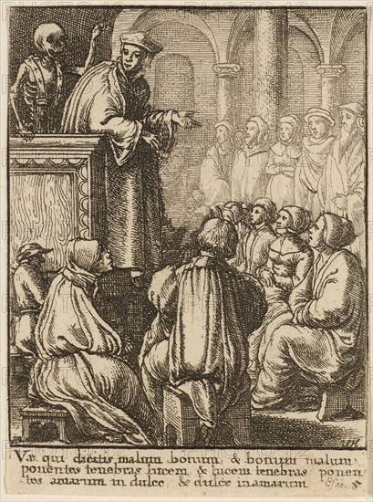 The Preacher and Death, 1651, Wenceslaus Hollar (Czech, 1607-1677), after Hans Holbein the younger (German, c.1497-1543), Bohemia, Etching on ivory wove paper, 73 × 53 mm (sheet, trimmed within plate mark)