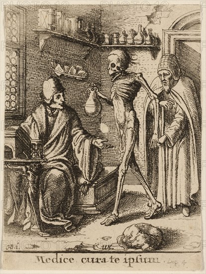 The Doctor and Death, 1651, Wenceslaus Hollar (Czech, 1607-1677), after Hans Holbein the younger (German, c.1497-1543), Bohemia, Etching on ivory wove paper, 71 × 52 mm (sheet, trimmed within plate mark)