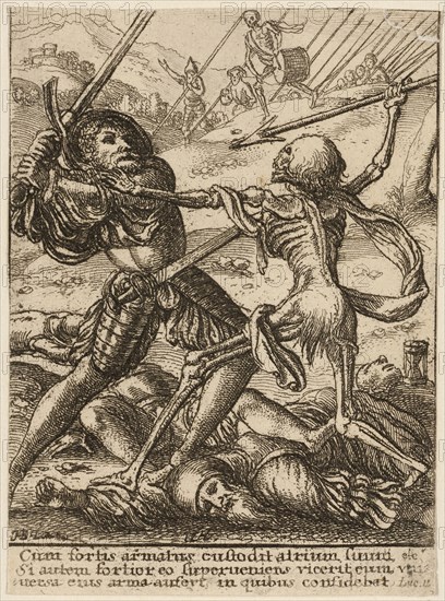 The Knight and Death, from The Dance of Death, 1651, Wenceslaus Hollar (Czech, 1607-1677), after Hans Holbein the younger (German, c.1497-1543), Bohemia, Etching in black on ivory wove paper, 71 × 52 mm (sheet, trimmed within plate mark)