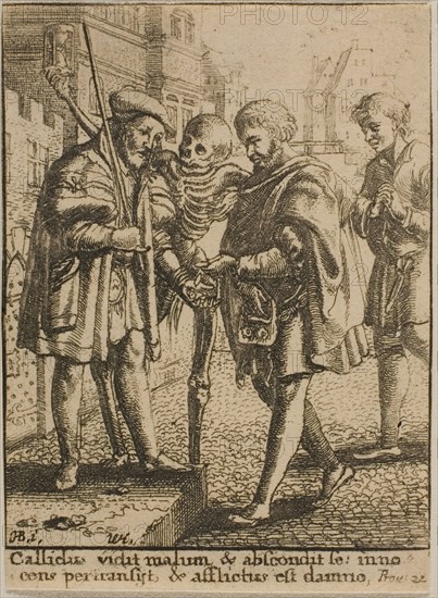 The Advocate and Death, 1651, Wenceslaus Hollar (Czech, 1607-1677), after Hans Holbein the younger (German, c.1497-1543), Bohemia, Etching on ivory wove paper, 72 × 52 mm (sheet, trimmed within plate mark)