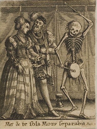 The Bridal Pair and Death, 1651, Wenceslaus Hollar (Czech, 1607-1677), after Hans Holbein the younger (German, c.1497-1543), Bohemia, Etching on ivory wove paper, 71 × 53 mm (sheet, trimmed within plate mark)