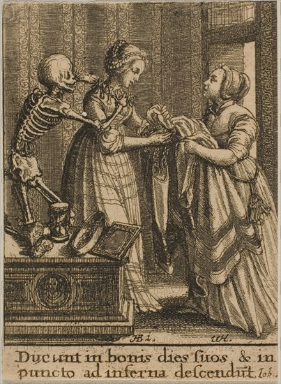 The Bride and Death, 1651, Wenceslaus Hollar (Czech, 1607-1677), after Hans Holbein the younger (German, c.1497-1543), Bohemia, Etching on ivory wove paper, 73 × 53 mm (sheet, trimmed within plate mark)