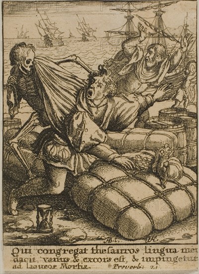 The Merchant and Death, 1651, Wenceslaus Hollar (Czech, 1607-1677), after Hans Holbein the younger (German, c.1497-1543), Bohemia, Etching on ivory wove paper, 73 × 52 mm (sheet, trimmed within plate mark)