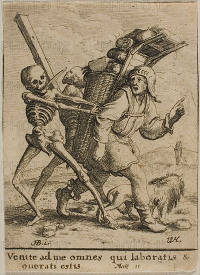 The Peddlar and Death, 1651, Wenceslaus Hollar (Czech, 1607-1677), after Hans Holbein the younger (German, c.1497-1543), Bohemia, Etching on ivory wove paper, 73 × 53 mm (sheet, trimmed within plate mark)