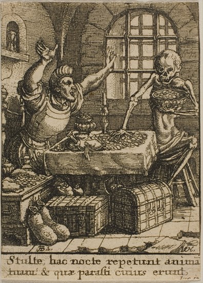 The Rich Man and Death, 1651, Wenceslaus Hollar (Czech, 1607-1677), after Hans Holbein the younger (German, c.1497-1543), Bohemia, Etching on ivory wove paper, 73 × 52 mm (sheet, trimmed within plate mark)