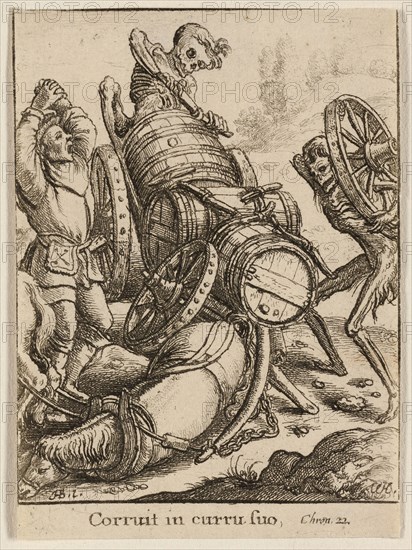The Waggoner and Death, 1651, Wenceslaus Hollar (Czech, 1607-1677), after Hans Holbein the younger (German, c.1497-1543), Bohemia, Etching on ivory wove paper, 71 × 52 mm (sheet, trimmed within plate mark)