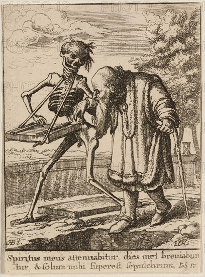 The Old Man and Death, 1651, Wenceslaus Hollar (Czech, 1607-1677), after Hans Holbein the younger (German, c.1497-1543), Bohemia, Etching on ivory wove paper, 72 × 53 mm (sheet, trimmed within plate mark)