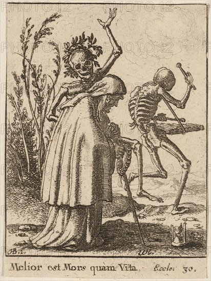 The Old Woman and Death, 1651, Wenceslaus Hollar (Czech, 1607-1677), after Hans Holbein the younger (German, c.1497-1543), Bohemia, Etching on ivory wove paper, 72 × 53 mm (sheet, trimmed within plate mark)