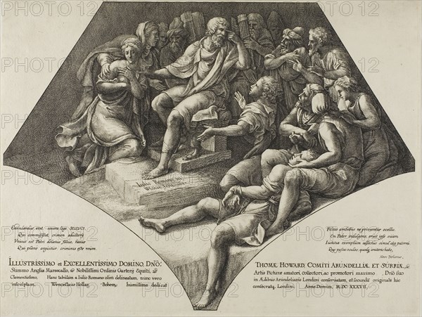 Seleucus and His Son, 1637, Wenceslaus Hollar (Czech, 1607-1677), after Giulio Pippi, called Giulio Romano (Italian, c. 1499-1546), Bohemia, Etching on ivory laid paper, 283 × 373 mm