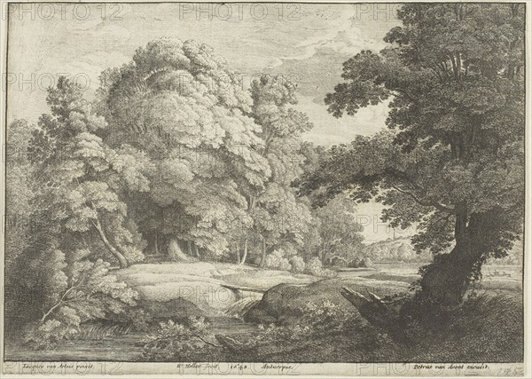 The Bridge Over the Waterfall, 1648, Wenceslaus Hollar (Czech, 1607-1677), after Jacobus van Arthois (Flemish, 1613-after 1686), published and/or engraved by Petrus van Avont (Flemish, active 17th century), Bohemia, Etching on ivory laid paper, 148 × 202 mm (sheet, trimmed to broderline at top and sides)