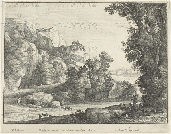 Cattle Drinking, 1650, Wenceslaus Hollar (Czech, 1607-1677), after Paul Bril (Flemish, 1554-1626), Bohemia, Etching on ivory laid paper, 182 × 231 mm (sheet, trimmed within plate mark)