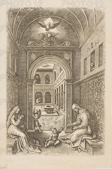The Holy Family in a Room (Virgin, Child, and Saint Anne), n.d., Daniel Hopfer, I, German, 1470-1536, Germany, Etching on paper, 230 x 155 mm