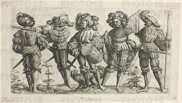 Five German Soldiers, 1505/36, Daniel Hopfer the Elder, German, 1470-1536, Germany, Etching in black on buff laid paper, 202 x 377 mm (image/plate), 237 x 412 mm (sheet)