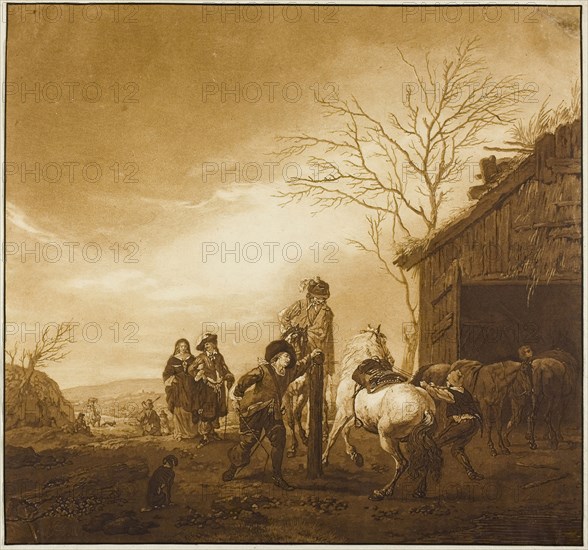 Horse Training, 1788, Wilhelm Alexander Wolfgang von Kobell (German, 1766-1855), after Philips Wouverman (Dutch, 1619-1668), Germany, Aquatint in brown, on paper, 296 x 317 mm
