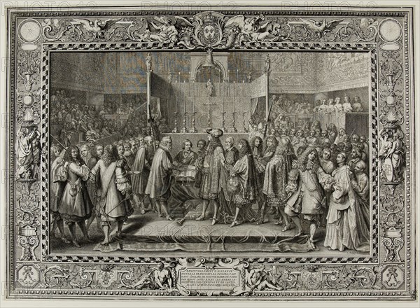 Renewal of the Alliance Between the French and the Swiss in 1663 (after LeBrun), 1680, Sébastien Le Clerc, the Elder, French, 1637-1714, France, Engraving and etching on paper, 397 × 551 mm (plate), 401 × 554 mm (sheet)