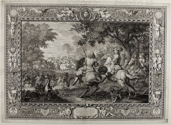 Defeat of the Spanish Army Near the Canal at Bruges by the Troops of King Louis XIV 1667, 1680, Sébastien Le Clerc the elder (French, 1637-1714), after Charles Le Brun French, 1619-1690, France, Engraving and etching in black on off-white laid paper, 409 × 569 mm (plate), 411 × 570 mm (sheet)