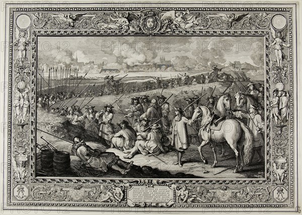Siege of Tourney MDCLXVII, 1681, Sébastien Le Clerc the elder (French, 1637-1714), after Charles Le Brun French, 1619-1690, France, Engraving and etching on paper, 396 × 562 mm (plate), 399 × 563 mm (sheet)