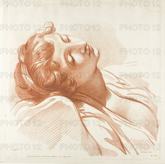 Head of a Young Woman Asleep, 1787/95, Jean-Baptiste Lucien (French, c. 1748-1806), after Jean-Baptiste Greuze (French, 1725-1805), published by François Étienne Joubert (French, 1787-1836), France, Crayon-manner engraving in red-brown on ivory wove China paper with a laid pattern, 315 × 351 mm (image), 357 × 358 mm (plate), 380 × 381 mm (sheet)