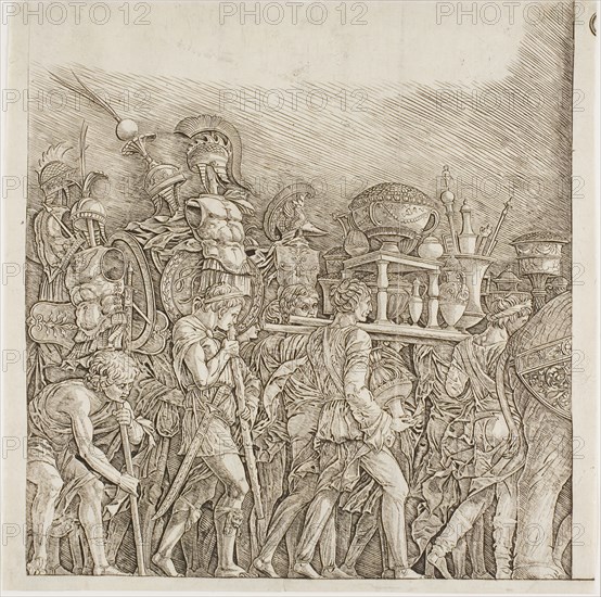 Triumph of Caesar: Soldiers Carrying Trophies, c. 1495, School of Andrea Mantegna, Italian, 1431-1506, Italy, Engraving in black on paper, 275 x 270 mm