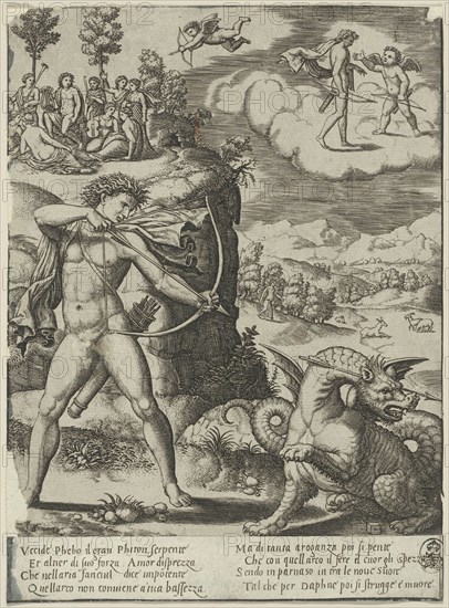 Apollo Slaying Python, plate one from The History of Apollo and Daphne, c. 1532, Master of the Die (Italian, active c. 1530-1560), after Baldassare Peruzzi (Italian, 1481-1536), Italy, Engraving in black on ivory laid paper, 218 x 176 mm (image plate), 26 x 176 mm (text plate), 240 x 176 mm (sheet)