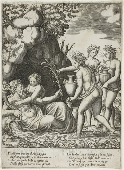 Daphne Embracing her Father, the River Peneus, n.d., Master of the Die (Italian, active c. 1530-1560), after Giulio Romano (Italian, 1492/99-1546), Italy, Engraving in black on paper, 257 x 187 mm (sheet)