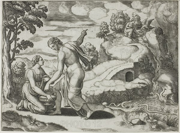Isolated Subject from the Story of Psyche, c. 1532, Master of the Die (Italian, active c. 1530-1560), after Raphael (Italian, 1483-1520), Italy, Engraving, printed in black, on paper, 165 x 223.5 mm