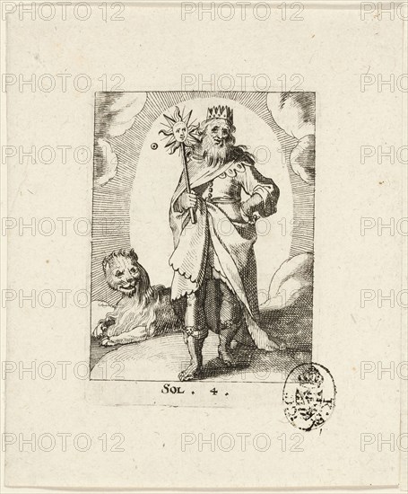 Sol, plate four from Der VII Planeten, n.d., Conrad Meyer, Swiss, 1618-1689, Switzerland, Etching in black on ivory laid paper, 69 x 49 mm (sheet)