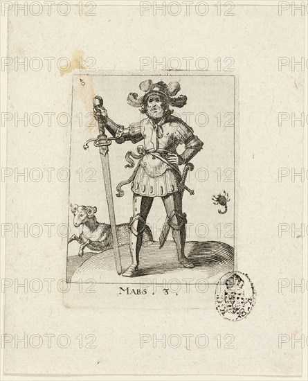 Mars, plate three from Der VII Planeten, n.d., Conrad Meyer, Swiss, 1618-1689, Switzerland, Etching in black on ivory laid paper, 46 x 62 mm (image), 67 x 50 mm (plate), 103 x 84 mm (sheet)