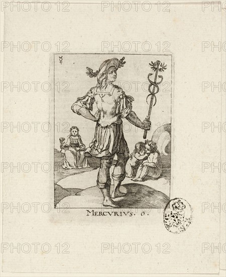 Mercurius, plate six from Der VII Planeten, n.d., Conrad Meyer, Swiss, 1618-1689, Switzerland, Etching in black on ivory laid paper, 69 x 49 mm (sheet)