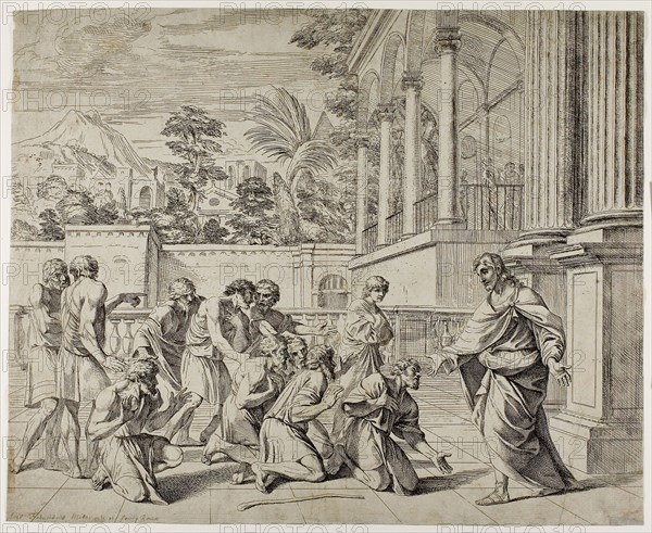Joseph and his Brethren, c. 1657, Pier Francesco Mola, Italian, 1612-1666, Italy, Etching on cream laid paper, 353 x 436 mm