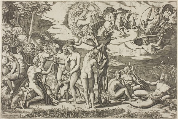 The Judgment of Paris, c. 1520, Printed by Antonio Salamanca (Italian, 1478-1562), by or after Marcantonio (Italian c. 1480-1534), after Raffaello Sanzio, called Raphael (Italian, 1483-1520), Italy, Engraving in black on ivory laid paper, 291 x 435 mm (plate), 295 x 438 mm (sheet)